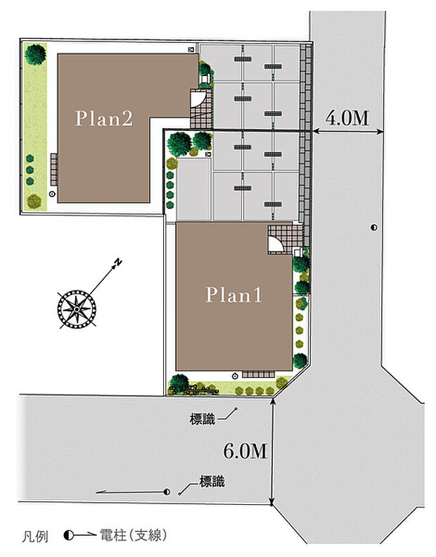 【採光や通風を考慮した配棟計画】
2邸のカースペースを抱き合わせに配置することでアプローチ部分に広がりと開放感を創出。日々の利便性だけではなく、爽やかな街の空気感を程よく取り込んでくれます。