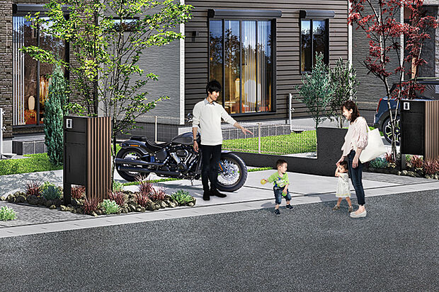 【【開放的な外構空間】】天然石や植栽を効果的に配して、街並みに潤いと彩りをプラス。暮らしに安らぎと伸びやかさをもたらします。※号棟により採用状況が異なります。