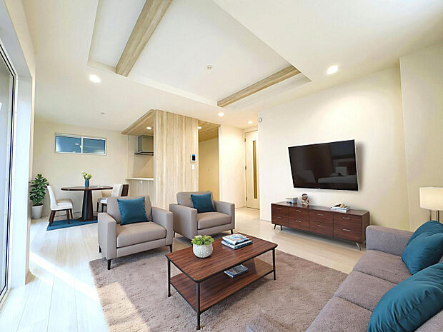 1号棟　LDK　17.5帖のゆったりLDK！折り上げ天井、ニッチなど設備も充実した快適なリビング空間！※家具等をCGで加工しています。※家具付き販売ではありません