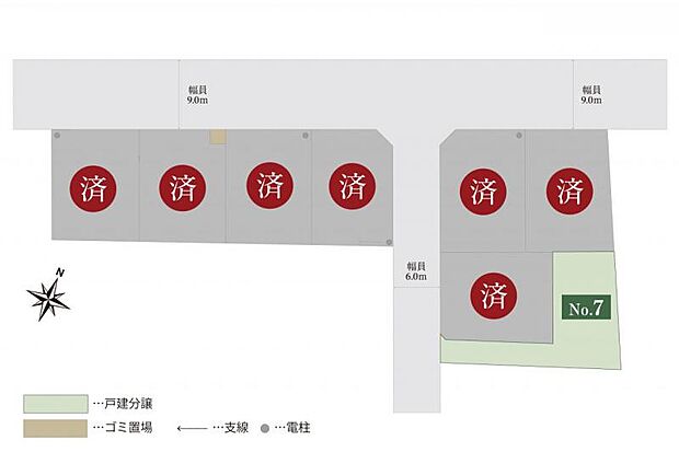 全体区画図　全区画45坪以上に区割された整形地。まちなみガイドラインで整った景観を維持できます。