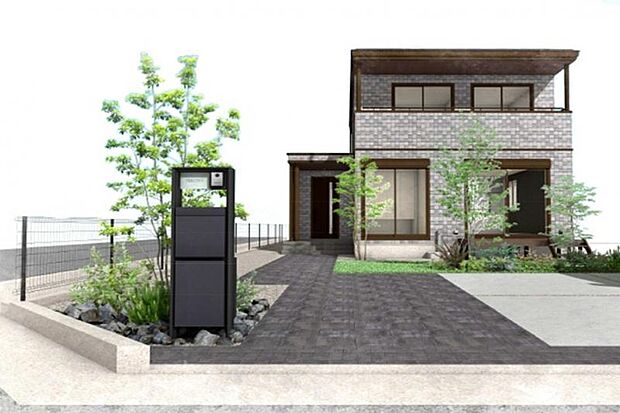 No.1_外観パース1　敷地面積217.88m2（65.9坪）、建物面積106.53m2（32.22坪）、太陽光発電システム7.42kW、蓄電池9.9kWh ※画像はすべてCGです。