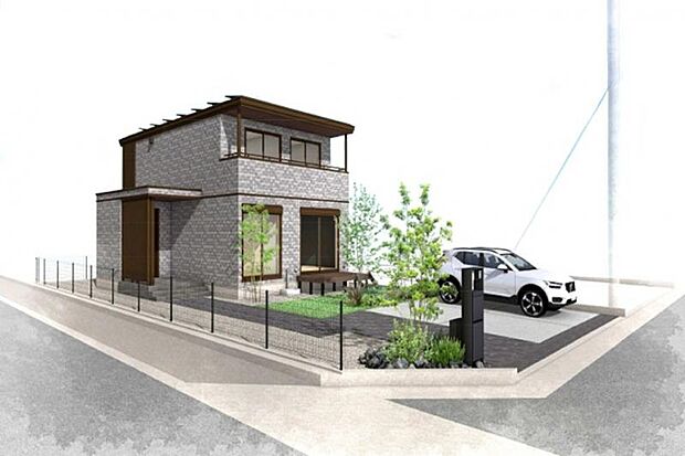 No.1_外観パース2　敷地面積217.88m2（65.9坪）、建物面積106.53m2（32.22坪）、太陽光発電システム7.42kW、蓄電池9.9kWh ※画像はすべてCGです。