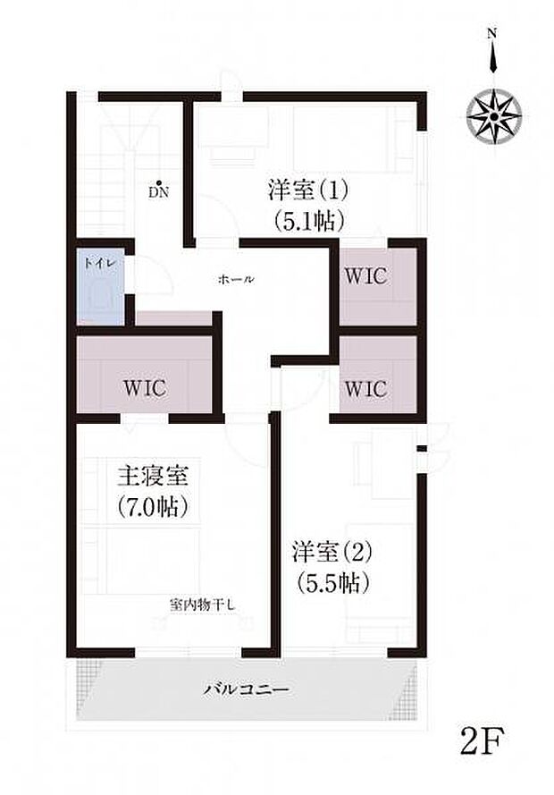 No.1_間取り図2F　2階の各居室にWICを備え、家族それぞれの衣類や荷物をすっきり収納できます。