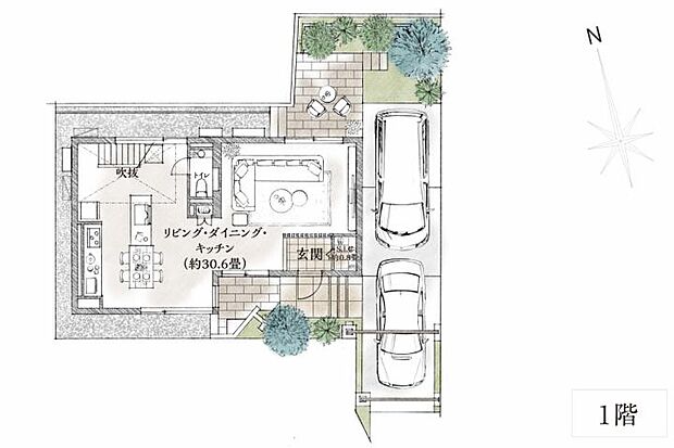 【1ＬＤＫ】No.6_1階間取り図　庭付の一戸建でありながら、ゆとりある1LDKというオリジナリティ。意匠を尽くした空間だからこそ、ここでしか体感できない贅沢な日々が愉しめる。