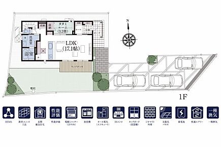 No.3_間取り図1F　●価格改定しました！410万円DOWN！●31.04坪　4LDK 太陽光発電6.36kW　屋内型蓄電池　3台駐車も可能なゆとりの広さが魅力です。※販売価格に建物価格・付帯工事費・外構工事費は含まれますが、家具・調度品・自動車等は含まれません。※間取り・外構植栽図は設計段階のもので、変更になる場合があります。※掲載の平面図・全体区画イラストは、計画段階の図面を基に描き起こしたもので形状・仕様・植栽・色彩等は実際とは多少異なります。 