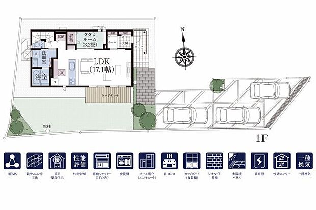 【4ＬＤＫ】No.3_間取り図1F　31.04坪　4LDK 太陽光発電6.36kW　屋内型蓄電池　3台駐車も可能なゆとりの広さが魅力です。※販売価格に建物価格・付帯工事費・外構工事費は含まれますが、家具・調度品・自動車等は含まれません。※間取り・外構植栽図は設計段階のもので、変更になる場合があります。※掲載の平面図・全体区画イラストは、計画段階の図面を基に描き起こしたもので形状・仕様・植栽・色彩等は実際とは多少異なります。