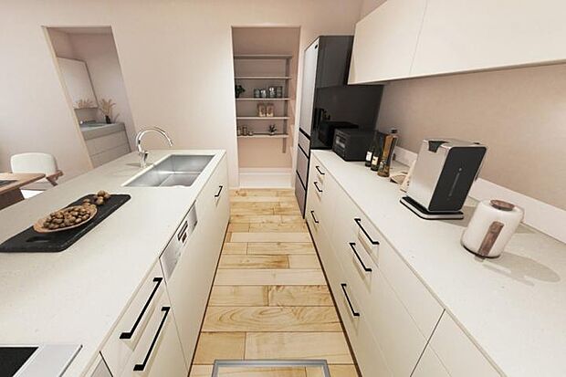 【No.2_LDK3（内観イメージ）】たっぷりのカウンター収納に加えてパントリースペースも完備。※画像はすべてCGです。