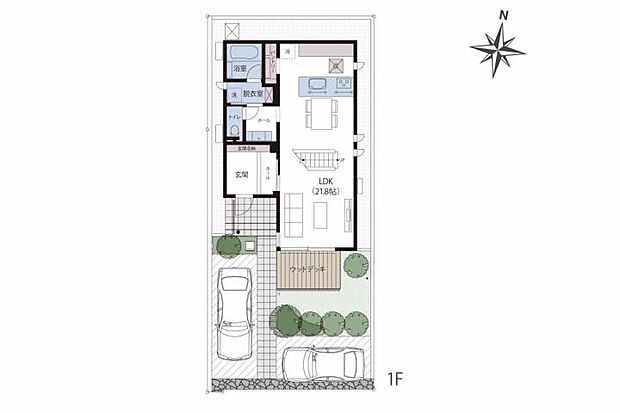 【3ＬＤＫ】No.2_プラン図1F　LDKのオープン階段が特徴的な3LDKの間取りです。