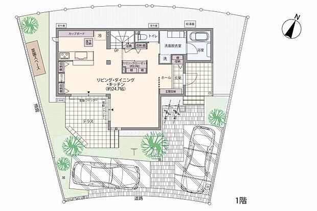 【3ＬＤＫ】No.62_間取り図1F　家族時間が自然と育まれる間取り