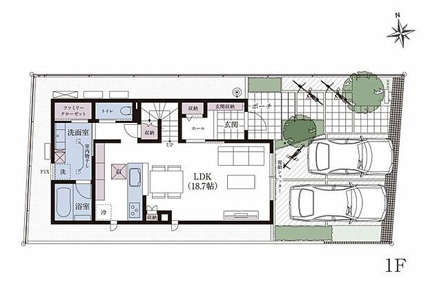 【3ＬＤＫ】No.1_間取り図1F　ゆとりある2台駐車場に使い勝手のよいLDK。リビング内階段で家族の会話が自然と生まれます。