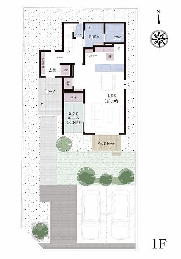 【4ＬＤＫ】No.1_間取り図1F　18.4帖のLDKに和室を隣接させた4LDK。
