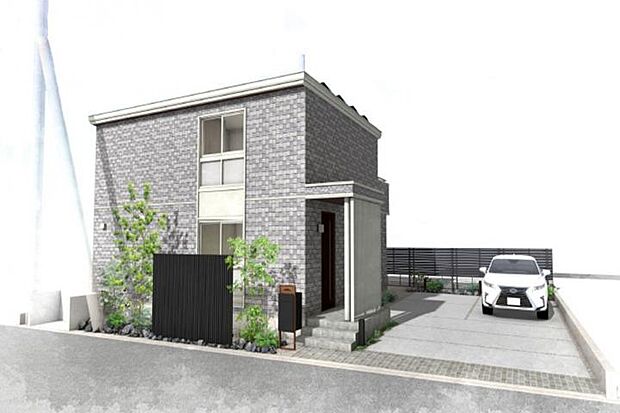 【4LDK】No.2_外観パース1 敷地面積194.77m2(58.91坪)、建物面積118.12m2(35.73坪)、太陽光発電システム6.89kW、屋内型蓄電池9.9kWh ※画像はすべてCGです。