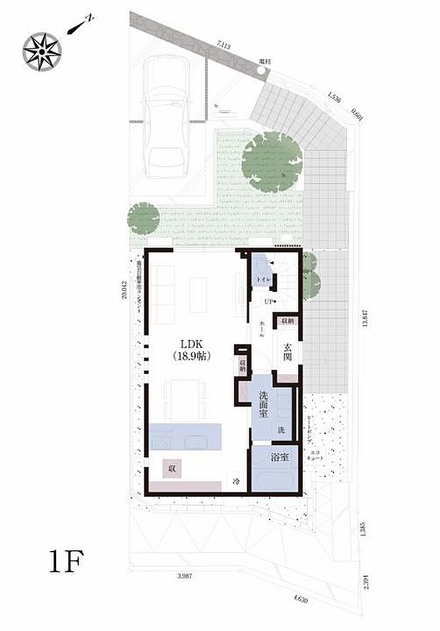 【3ＬＤＫ】No.7_間取り図1F　玄関からもキッチンからも洗面脱衣室へスムーズにつながる、毎日の家事や生活を快適にする動線設計。