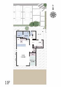 No.1_間取り図1F　タタミルームとつながる18.6帖LDK。パントリーやSICを備え、収納にも配慮した1階プラン。 