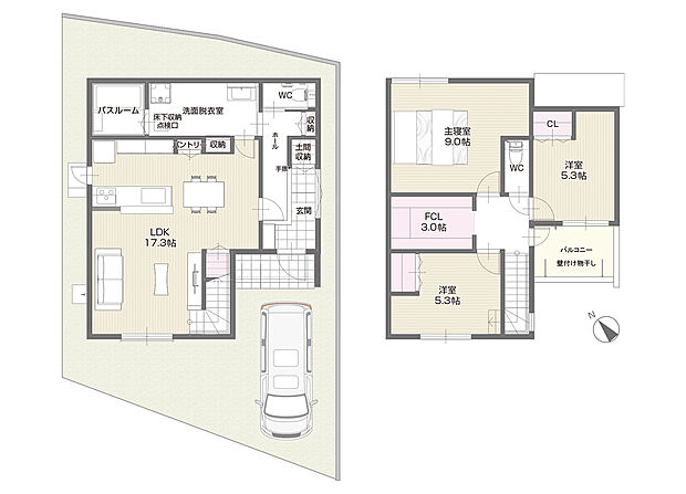 【間取り/B号地モデルハウス】約17.3帖LDKや約9.0帖主寝室など空間広々!洗面脱衣室はLDK・ホールの2WAYで生活動線がスムーズ。約3.0帖FCLやバルコニーは各居室に入らず出入り可能です。
