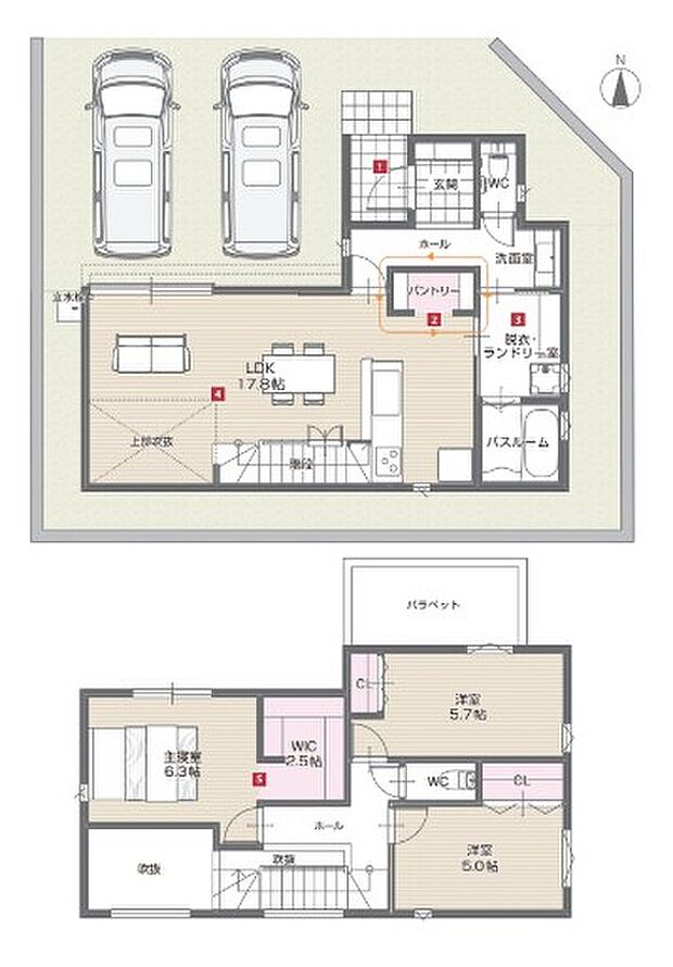 【間取図/A号地モデルハウス】LDKは広々約17.8帖！対面キッチン近くにパントリーを備え、玄関～水回り～LDKをつなぐ回遊動線により買い物帰りや帰宅時の手洗い動線◎約2.5帖WICなど多彩な収納も。