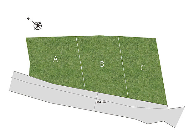 【【区画図】】南西向きで採光を確保しやすい総3区画!ラスト1区画《B号地》は敷地面積33坪超の広さがあり、駐車スペースは1台分。前面道路とほぼフラットなため、お車の入出庫がスムーズです。