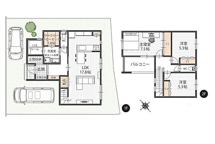 ◎玄関に土間収納を配置。靴を脱がずに出入りができ、ベビーカーやアウトドア用品等も収まります。
◎洗面室やWCに玄関ホールから直行でき、来客時にもご案内しやすい配置です。
◎洗面室にFCLが隣接。ご家族皆様の着替えをまとめて保管でき、家事の時短に繋がります。
◎対面キッチンからダイニング、リビングへ視界を遮る柱などがなく、一体感あるLDKを実現しています。
◎2階主寝室は約7.5帖。南西側がバルコニーに面し、ベッドなどを置いてもゆとりある広さです。
◎車2台の駐車も可能です(車種によります)。 