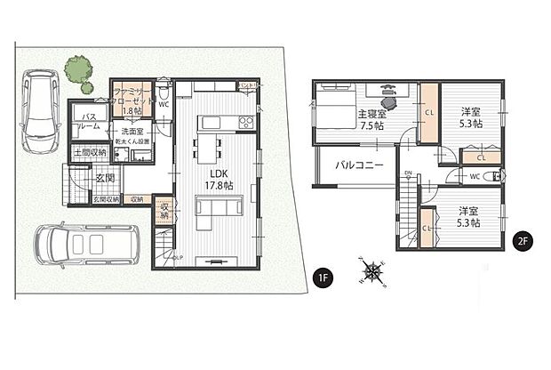 【3LDK】◎玄関に土間収納を配置。靴を脱がずに出入りができ、ベビーカーやアウトドア用品等も収まります。
◎洗面室やWCに玄関ホールから直行でき、来客時にもご案内しやすい配置です。
◎洗面室にFCLが隣接。ご家族皆様の着替えをまとめて保管でき、家事の時短に繋がります。
◎対面キッチンからダイニング、リビングへ視界を遮る柱などがなく、一体感あるLDKを実現しています。
◎2階主寝室は約7.5帖。南西側がバルコニーに面し、ベッドなどを置いてもゆとりある広さです。
◎車2台の駐車も可能です(車種によります)。