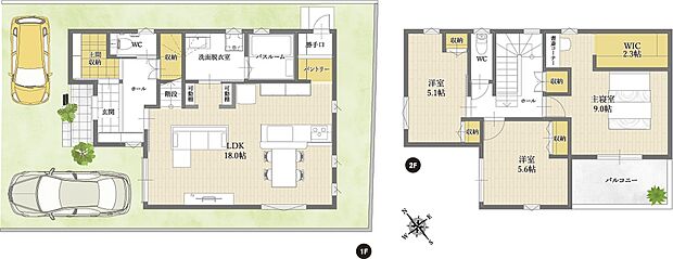 【3LDK】■玄関にはゆとりある土間収納を配置。ホール収納とあわせて、お出掛け用品がスッキリと収まります。
■LDKは約18.0帖。対面キッチン背面のパントリーを通り抜け、勝手口から直接外へ出入り可能です。
■2階主寝室は約9.0帖のゆとりある広さ。一角に書斎コーナー、WICを設け、プライベートな時間も充実しそうです。
■2階3洋室はすべて振り分けタイプ。収納付きで、室内を広くお使いいただけます。
■車2台駐車可能です(車種による)。