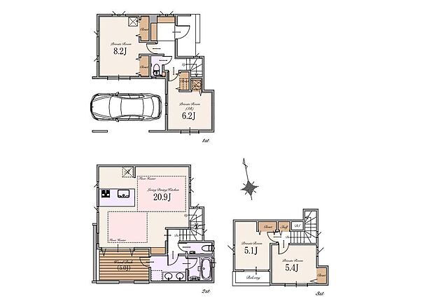 【建物参考プラン】土地価格：9,590万円　建物参考プラン価格：3,400万円(税込)　総額：12,990万円(税込)　土地面積：約86m2　建物面積：約130m2(車庫面積約18m2・宅配ボックス部分約1m2・バルコニー部分約5m2含む)