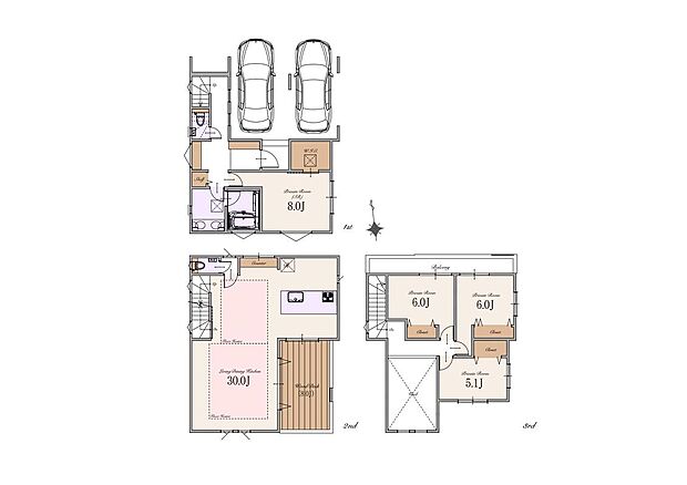 【建物参考プラン】土地価格：7,290万円　建物参考プラン価格：4,700万円(税込) 総額：11,990万円(税込) 土地面積：約97m2 建物面積：約170m2(車庫、駐輪場面積約20m2・敷地内通路約9m2・バルコニー部分約9m2含む)
