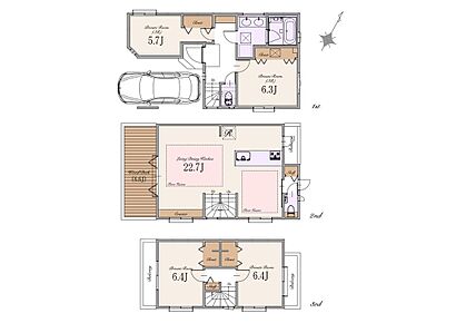 建物面積:125.60m2(車庫面積9.92m2・ポーチ面積3.45m2含む)
土地面積:77.37m2(建築確認申請上の控除面積0.38m2含む) 