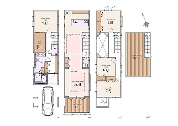 【2LDK+2S】建物面積:183.74m2(車庫面積13.37m2・外部面積7.37m2・バルコニー部分3.23m2・塔屋面積4.44m2含む)