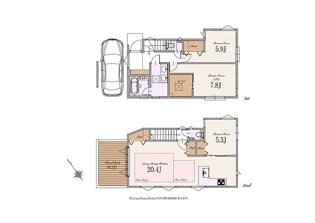 【C区画建物建物参考プラン】土地価格：11,590万円　建物参考プラン価格：2,400万円(税込) 総額：13,990万円(税込)土地面積：約88m2 建物面積：約104m2（車庫面積 約11m2含む）