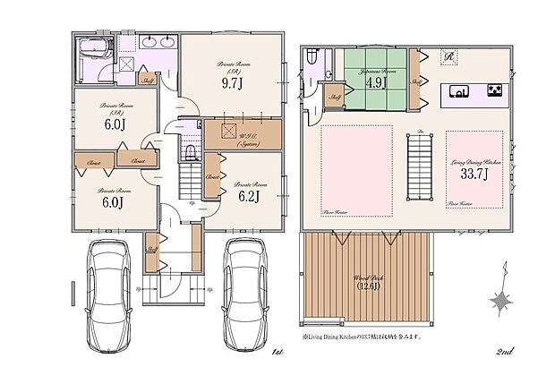 【2LDK+2S+1和室】建物面積：167.19m2（車庫11.99m2、屋外面積3.72m2含む）