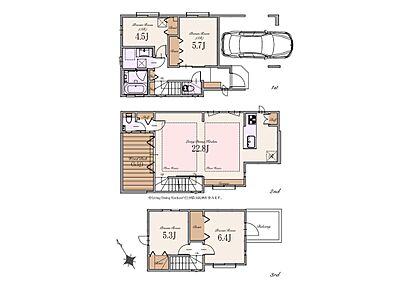 建物面積：123.74m2（車庫面積14.32m2・ポーチ部分1.43m2・外部面積0.06m2・デッドスペース部分0.22m2含む）
土地面積：76.78m2（建築確認申請上の控除面積0.24m2含む） 