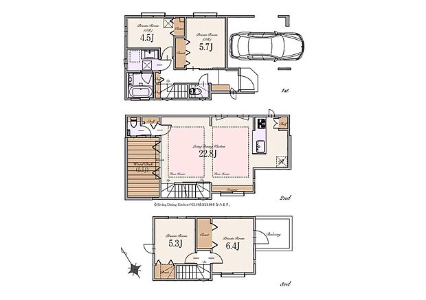 【2LDK+2S】建物面積:123.74m2(車庫面積14.32m2・ポーチ部分1.43m2・外部面積0.06m2・デッドスペース部分0.22m2含む)
土地面積:76.78m2(建築確認申請上の控除面積0.24m2含む)