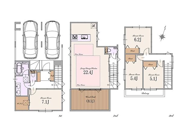【4LDK】建物面積：143.53m2(車庫面積16.41m2・ポーチ、敷地内通路8.91m2・バルコニー部分4.50m2・デットスペース0.49m2含む)