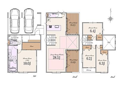 建物面積：車庫面積21.13ｍ2、通路部分6.22ｍ2、バルコニー部分4.43ｍ2含む 