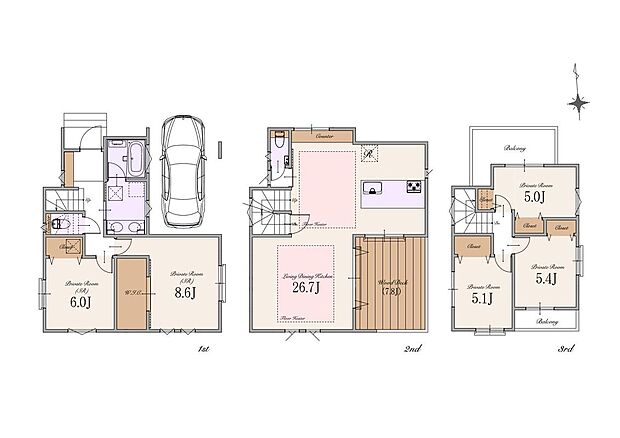 【B区画】土地価格7,590万円 建物参考プラン価格4,000万円(税込) 総額11,590万円(税込) 土地面積約88m2 建物面積約142m2(車庫面積約13m2・宅配ボックス部分約1m2含む)