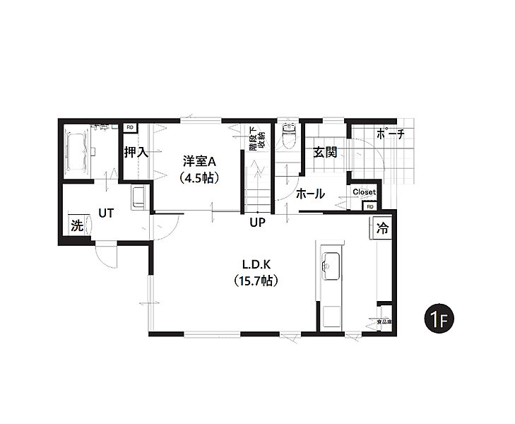 【1階間取図】
リビング階段、対面キッチンを採用し、ご家族とのコミュニケーションが取りやすい設計です。