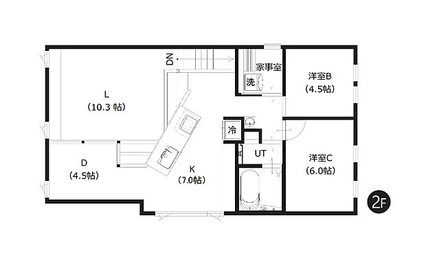 【2F平面図】
正面の窓は南向きですが、隣家との兼ね合いがあり1階リビングではここまでの彩光は難しい土地でした。2階にLDKを配置することで光を取り込みやすく、またプライバシーの確保も可能に。