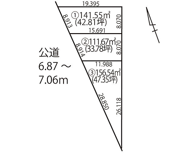 【全体区画図】
全3区画の売地が登場！約33坪～47坪の土地面積がございます。