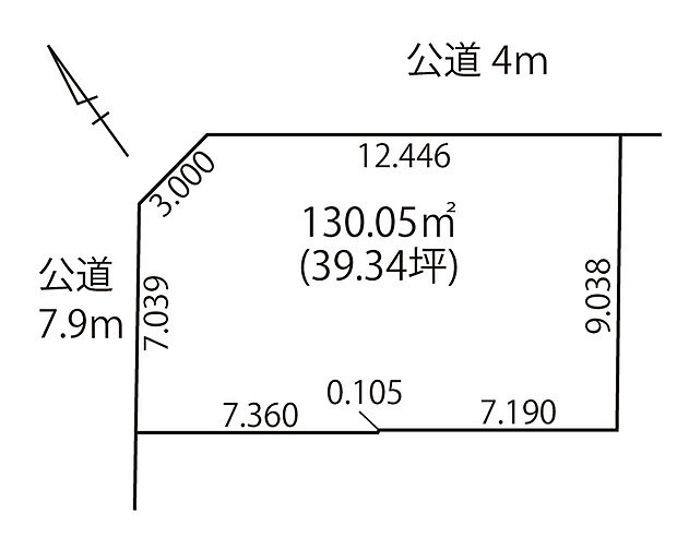 【区画図】
開放感あふれる角地です。敷地を有効的に使え、住宅の設計プランが立てやすい整形地となっております。