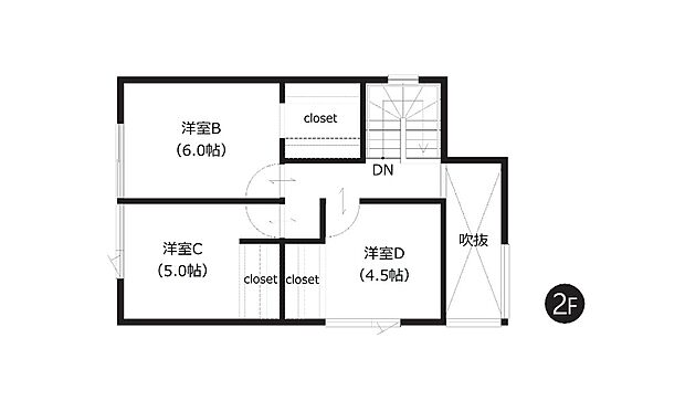 【2階間取図】
たっぷりしまえるウォークインクローゼットで、衣替えが不要に。各居室に収納が設けられており、お部屋のスペースを有効的に使えます。