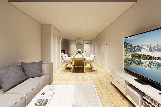 【4号地パース】17.55帖のLDK。
ペニンシュラ型のキッチン採用で、解放感があるLDKで家族の会話も弾みますね◎