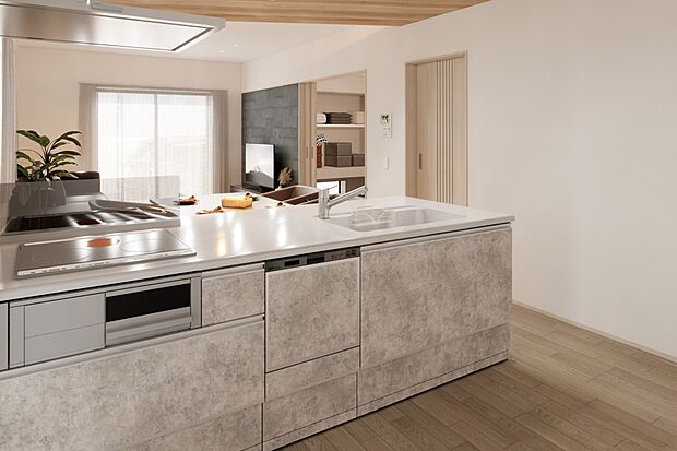 【キッチンイメージ】ステンレスでできたキャビネットはキッチンで気になりやすいにおいやカビの繁殖に強く、お手入れがしやすくなっています。