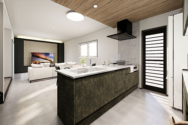 【2号地:キッチン】黒を基調としたスタイリッシュなでかっこいい印象のキッチンは、家事の時短に効果大の食洗器付き。高温洗浄、節水効果もあり、毎日の家事効率化を図ってくれます◎/2号地パース