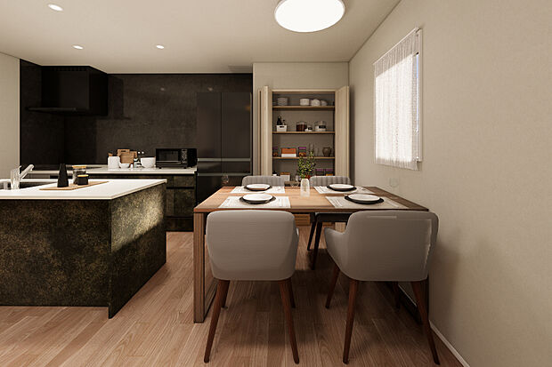 【1号地：LDK】横並びダイニングで家事動作の軽減♪／完成予想パース