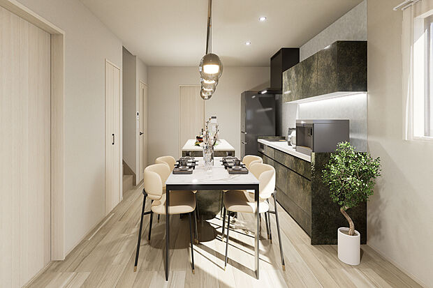 【2号地】ダイニング、リビングで過ごすご家族とコミュニケーションを取りながら家事を進めることができ、毎日の洗い物や食事の用意も楽しいひとときに。/2号地パース