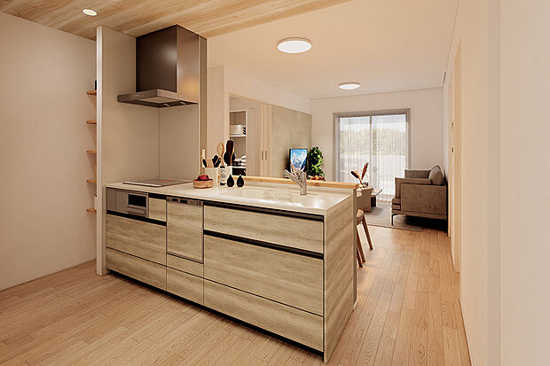 【2号地：キッチン】スタイリッシュなシステムキッチンは家事の時短に効果大の食洗器付き。高温洗浄、節水効果もあり、毎日の家事効率化を図ってくれます◎/2号地パース