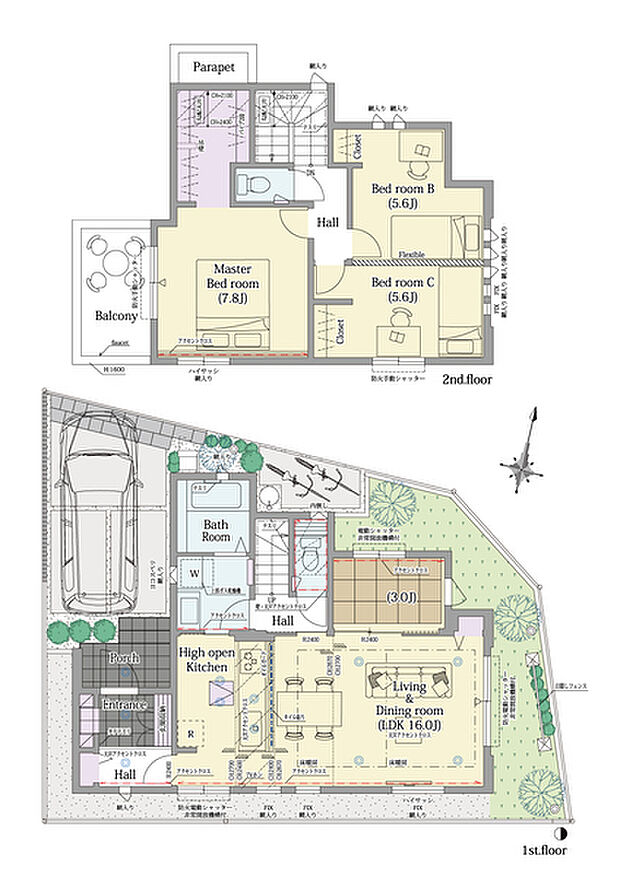 【4LDK(3LDK対応可※有料オプション)】4LDK(3LDK対応可※有料オプション)+ウォークインクロゼット+シューズクローク
■敷地面積:100.10m2(30.28坪)
■建物面積: 92.22m2(27.74坪)
■1階面積: 48.80m2(14.68坪)
■2階面積: 43.42m2(13.06坪)