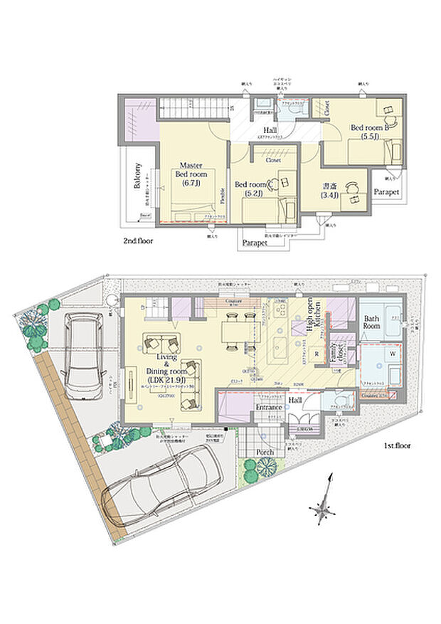 【5LDK】5LDK+ファミリークロゼット+シューズクローク+ウォークインクロゼット

■敷地面積：119.96m2(36.28坪)
■建物面積：100.60m2(30.37坪)
■１階面積：  52.58m2(15.87坪)
■２階面積：  48.02m2(14.50坪)