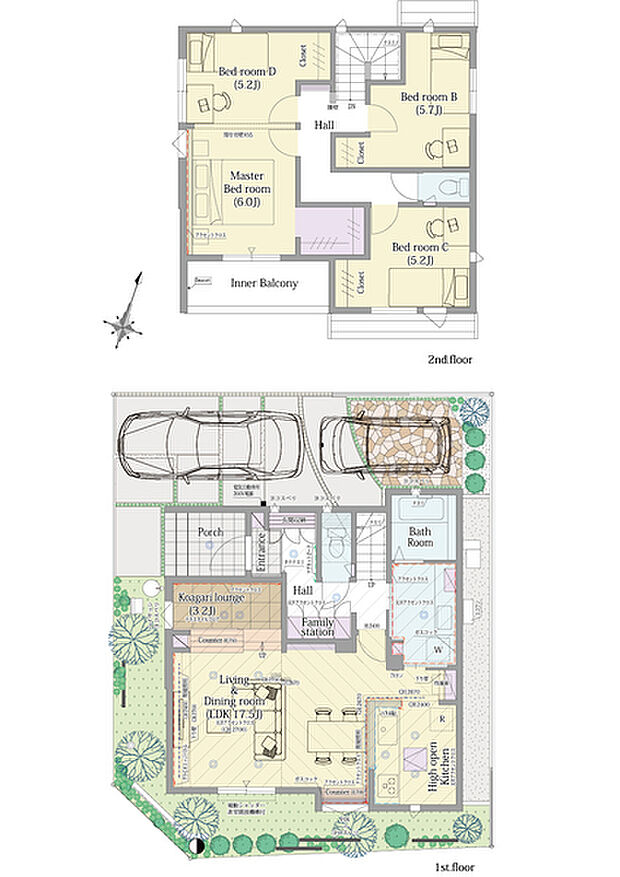 【3LDK】3LDK+小上がりラウンジ+ウォークインクロゼット+パントリー+ファミリーステーション

■敷地面積：115.73m2(35.00坪)
■建物面積：109.17m2(32.62坪)
■１階面積：  54.01m2(16.12坪)
■２階面積：  55.16m2(16.50坪)