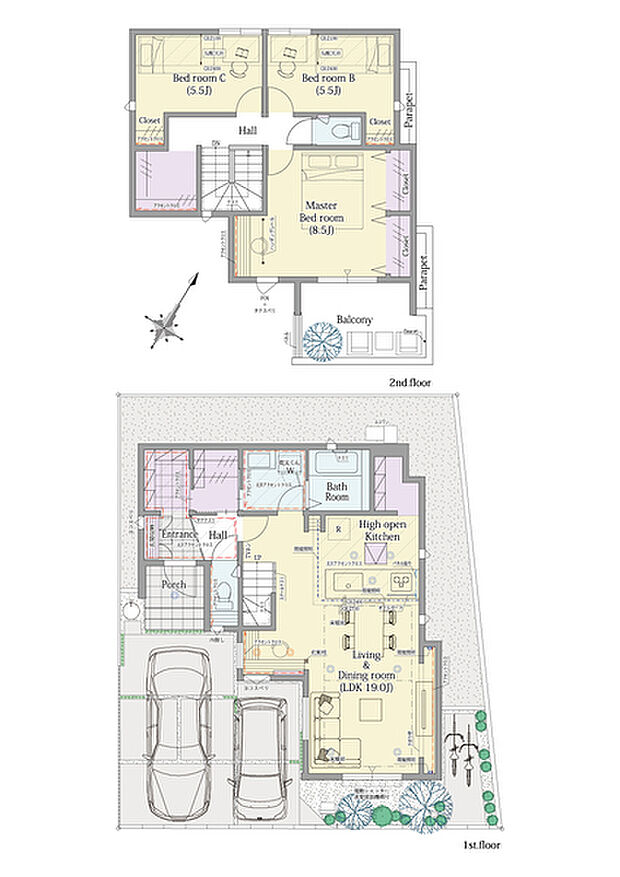 【3LDK】3LDK+ファミリークロゼット+シューズクローク+パントリー+お出かけ収納

■敷地面積：120.10m2(36.33坪)
■建物面積：101.93m2(29.75坪)
■１階面積：  52.66m2(15.75坪)
■２階面積：  46.37m2(14.00坪)
